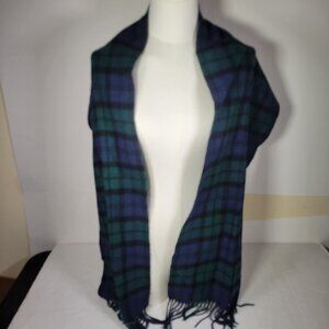 Via Condotti Roma Green & Blue Plaid Virgin Wool Scarf With Fringe